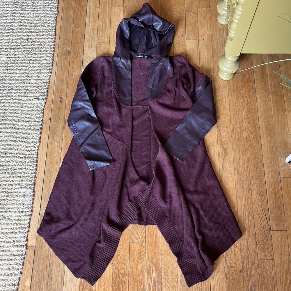 Blank NYC Burgundy Hooded Cardigan with Faux Leather Detail